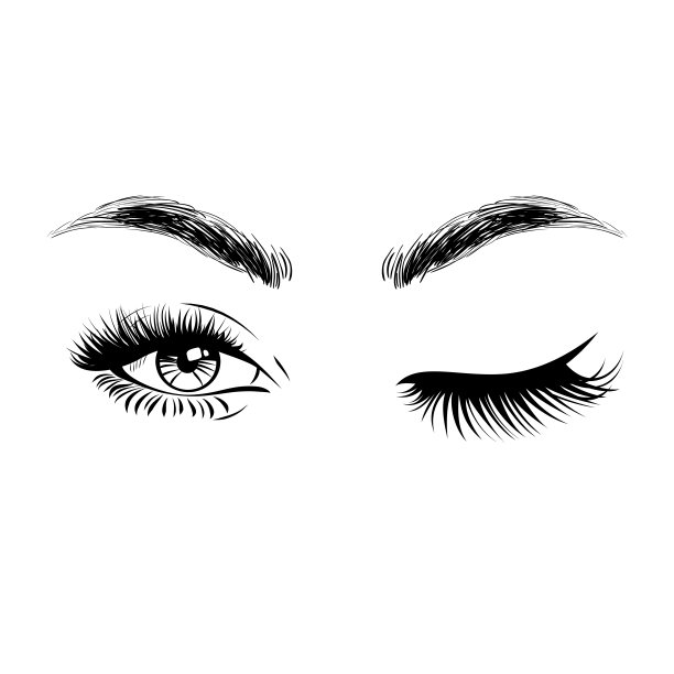 美丽女人的脸，眉毛和葱郁的睫毛，睫毛的延伸，一只眼睛睁开，另一只眼睛闭上。美丽的标志。矢量插图。图片下载