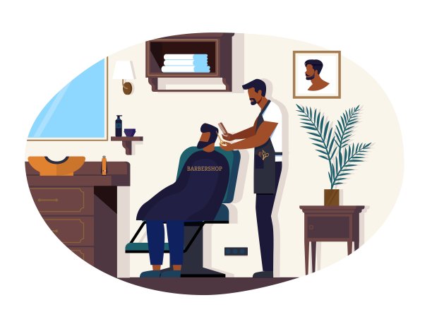 在美发师卡通中，横幅理发过程中的男人。图片下载