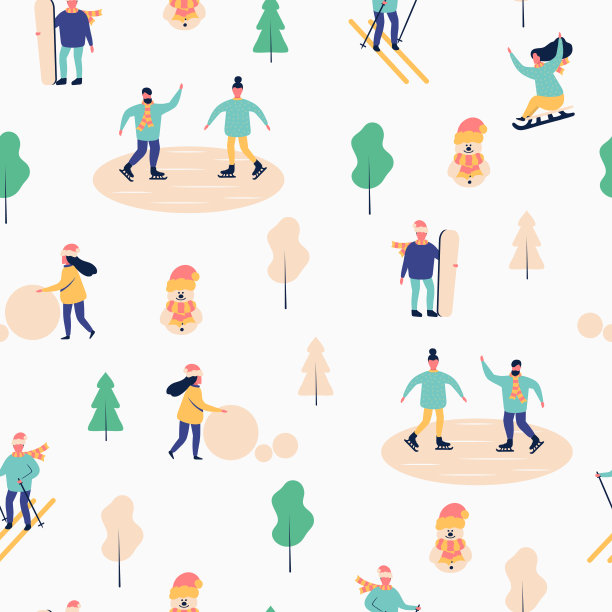 圣诞节无缝图案与快乐冬季人物滑冰、滑雪、雪橇。男人玩滑雪板，女人堆雪人。图片下载