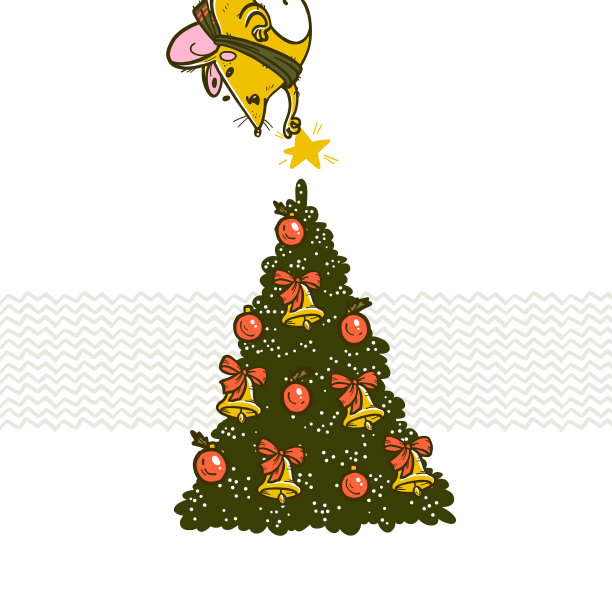 圣诞祝贺概念矢量素材，手绘装饰圣诞树和快乐小老鼠在树顶放星星图片下载