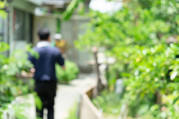 在阳光明媚的日子里，一个人在公园里散步。对于抽象模糊背景。图片下载