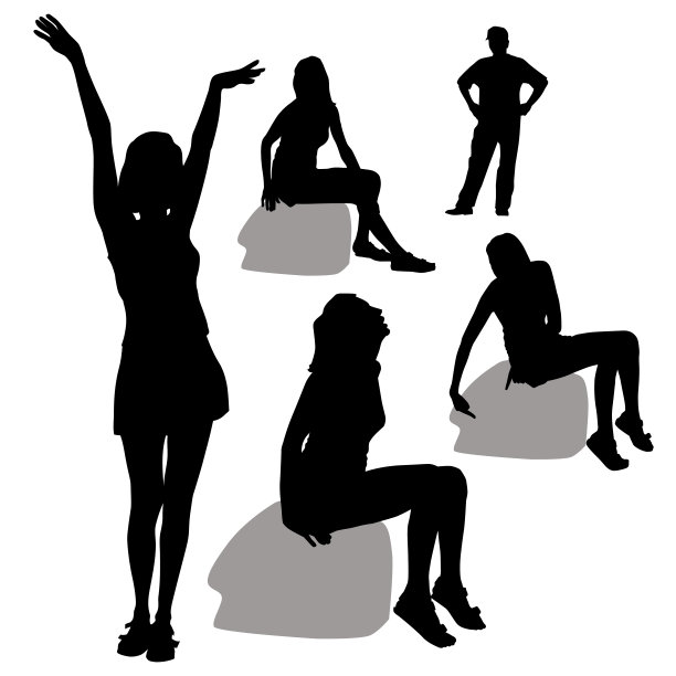 一个女孩以三种姿势坐在一块石头上的剪影。一个女孩举起双手站着。一个男人的半身剪影。图片下载