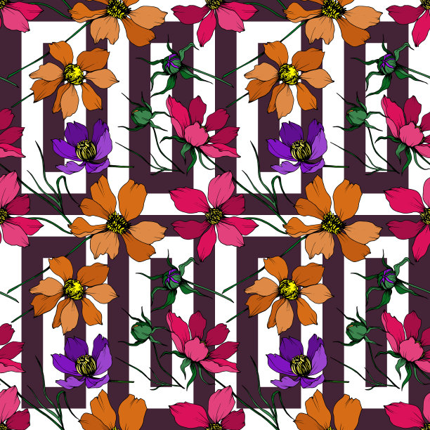 向量宇宙花卉植物花。黑白篆刻水墨艺术。无缝的背景图案。图片下载