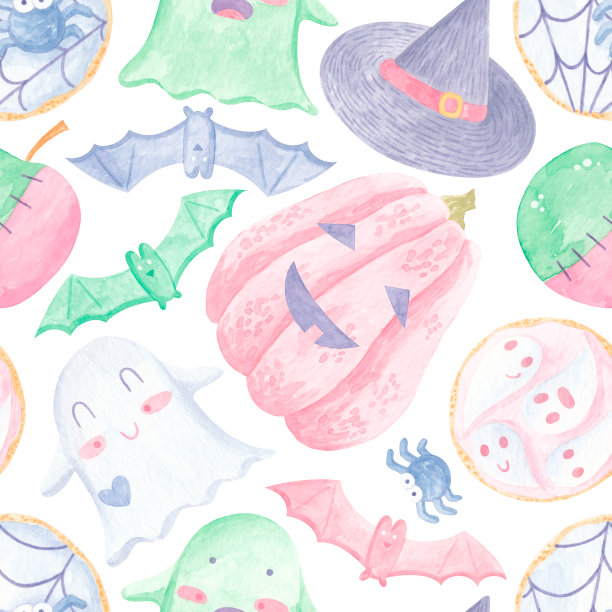水彩可爱无缝万圣节图案与南瓜，幽灵，蝙蝠，糖果，饼干在白色的背景。明亮的卡通图案的万圣节图片下载