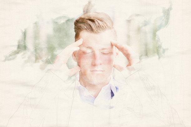 帅气的金发商人用水彩画闭着眼睛的肖像图片下载