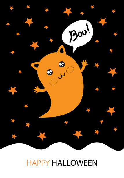 万圣节贺卡在向量。可爱的涂鸦万圣节派对与可爱的幽灵猫飞行在星星和月亮在天空。鬼说嘘。贺卡手绘插图图片下载