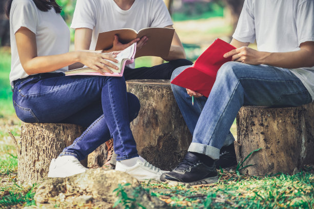 在大学或学校的公园里，年轻的学生在一个小组项目中学习。快乐学习，社区合作，青年友谊理念。图片下载