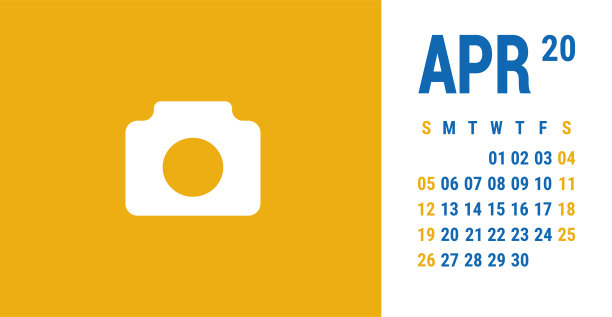 2020年4月日历。英文书桌或墙壁轧光机模板。矢量网格。办公室业务规划。计划的设计。黄色和蓝色图片下载