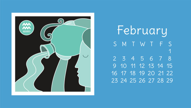 2020年2月。日历。星座:水瓶座。向量的星座。占星日历。色彩设计图片下载