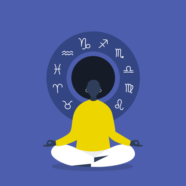 冥想。占星术。星座。平面可编辑矢量插图，剪辑艺术。年轻的黑人女性人物莲花坐姿。和谐图片下载