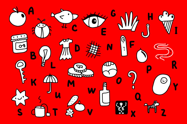 疯狂抽象字母卡通风格手绘插图漫画。Abc有苹果眼鸡蛋黄星号果酱浆果手指x射线冰淇淋星号钱草钩伞路灯泡酒斑马图片下载