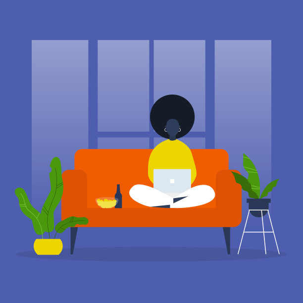 年轻的黑人女性角色坐在沙发上，在笔记本电脑上看电视剧。零食和啤酒。休闲。周末的活动。严寒。平面可编辑矢量插图，剪辑艺术图片下载