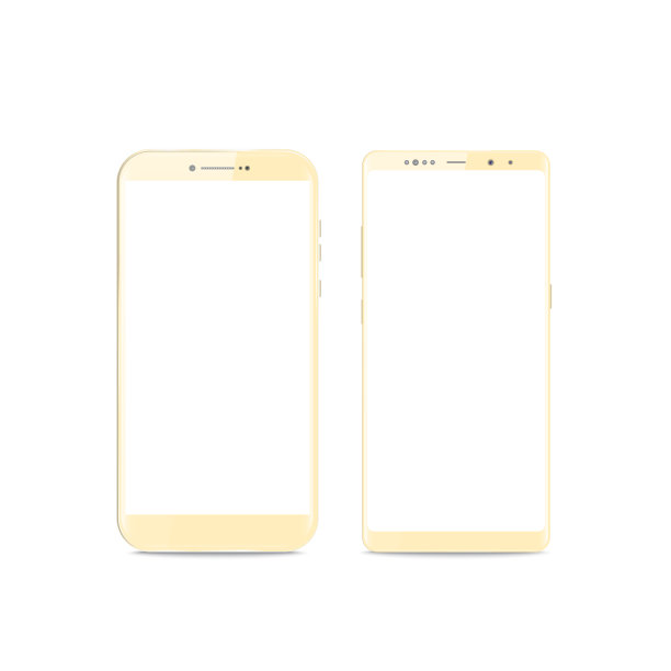 新现实手机黄金智能手机现代风格。矢量智能手机孤立在白色背景。向量模型集。图片下载