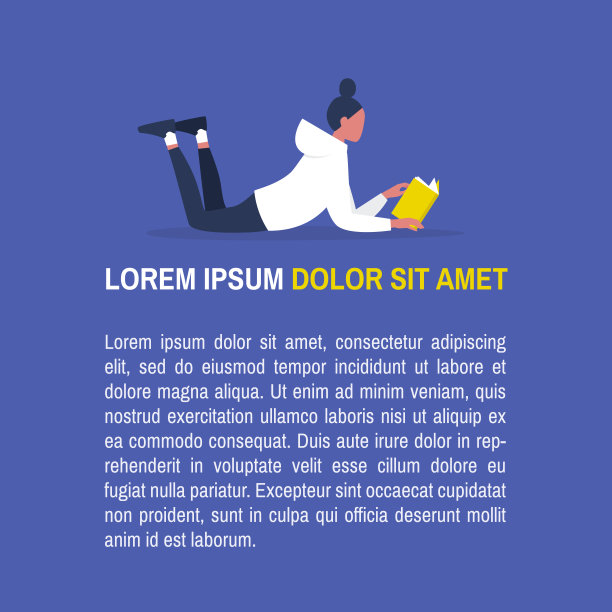 Lorem ipsum模板。年轻的女性角色在读一本书。图书馆。布局。你的文本。平面可编辑矢量插图，剪辑艺术图片下载