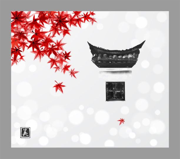 白色的墙壁和红色的枫树枝上有典型的中国设计元素的传统窗户。传统的东方水墨画粟娥、月仙、围棋。象形文字——美。图片下载