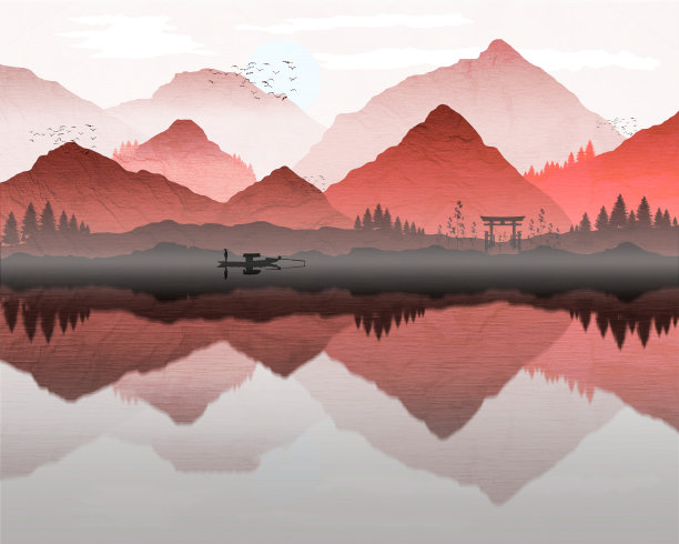 日本的东方景观，有船和渔夫，湖上的山和树的倒影，水雾形成。处理在美丽的红色色调，与背景纹理。图片下载