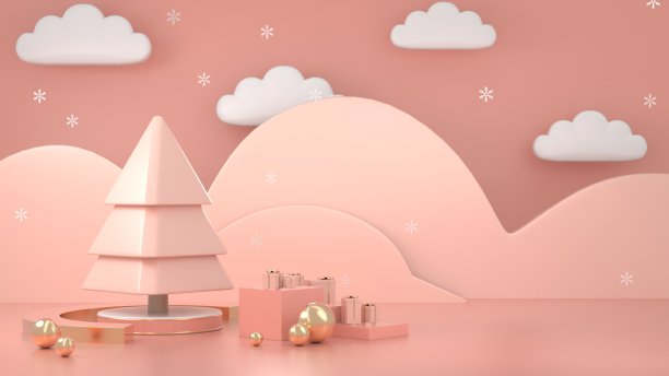 三维渲染图像抽象几何形状的圣诞树场景装饰与复制空间概念。图片下载