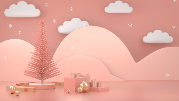 三维渲染图像抽象几何形状的圣诞树场景装饰与复制空间概念。图片下载