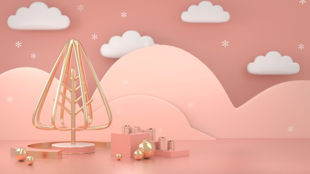 三维渲染图像抽象几何形状的圣诞树场景装饰与复制空间概念。图片下载