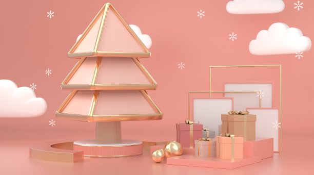 三维渲染图像抽象几何形状的圣诞树场景装饰与复制空间概念。图片下载