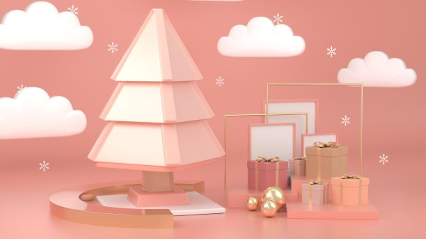 三维渲染图像抽象几何形状的圣诞树场景装饰与复制空间概念。图片下载