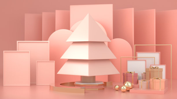 三维渲染图像抽象几何形状的圣诞树场景装饰与复制空间概念。图片下载