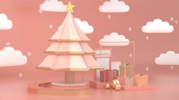 三维渲染图像抽象几何形状的圣诞树场景装饰与复制空间概念。图片下载