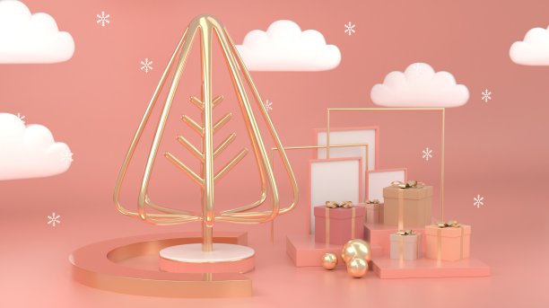 三维渲染图像抽象几何形状的圣诞树场景装饰与复制空间概念。图片下载