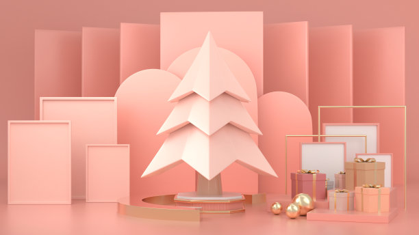 三维渲染图像抽象几何形状的圣诞树场景装饰与复制空间概念。素材图片