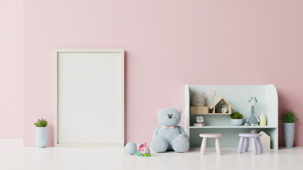 在儿童房室内以粉红色为背景模拟海报。图片下载