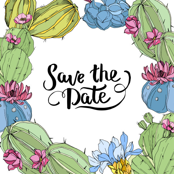 向量的仙人掌花。艺术雕刻墨水。边框装饰方形。保存日期手写字母书法。图片下载