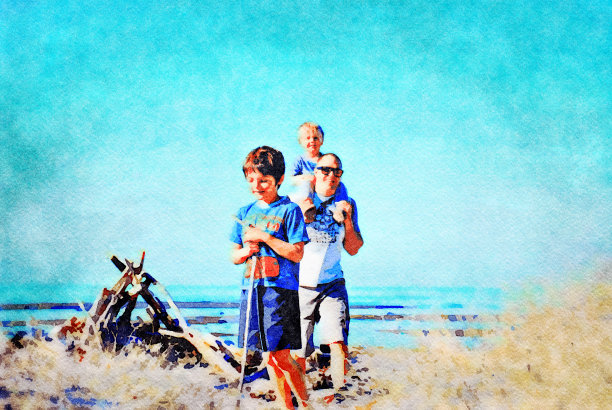 家庭在海滩的水彩插图图片下载