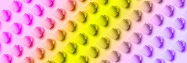 图案从杯子在时尚的彩虹梯度背景。生日派对庆祝，宝宝送礼会概念。霓虹灯的颜色。横幅。简约风格设计图片下载