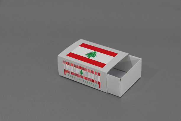 黎巴嫩国旗上的白色盒子与条形码和国旗的颜色上的灰色背景，纸包装上放火柴或产品。图片下载