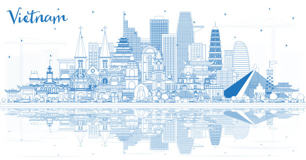 用蓝色建筑和倒影勾勒出越南城市的天际线。图片下载