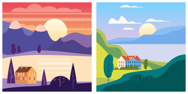 日落，夏季景观，海洋，海洋山脉。矢量孤立的最小卡通风格，模板横幅海报图片下载