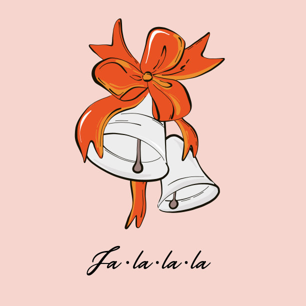 铃铛用红丝带，蝴蝶结和Fa La La文字，圣诞贺卡设计。冬季节日装饰，欢乐季节十二月艺术图片下载