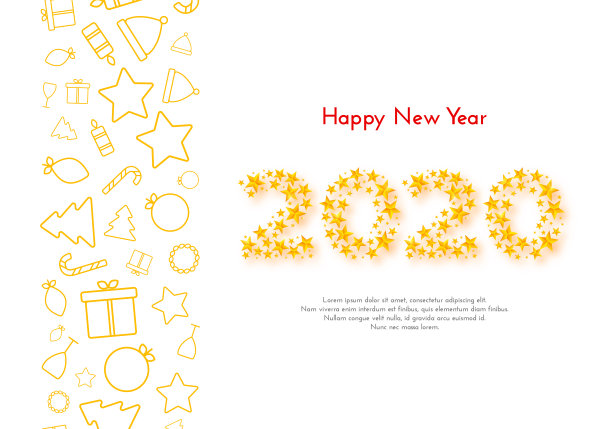 节日礼品卡。2020年新年快乐。边界与金色的圣诞节图标在白色的背景。模板的横幅，海报，邀请。矢量图图片下载