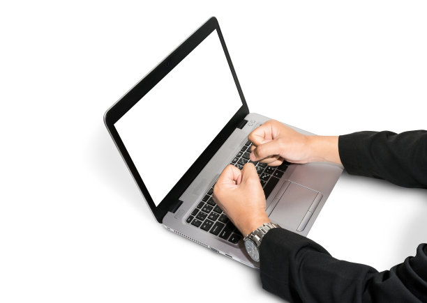 笔记本电脑被穿着黑色西装的商人的双手砸碎，孤立在白色背景中。此图像中包含的剪切路径。图片下载