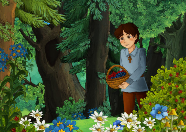 卡通场景与草地在森林和小男孩的夜晚图片下载