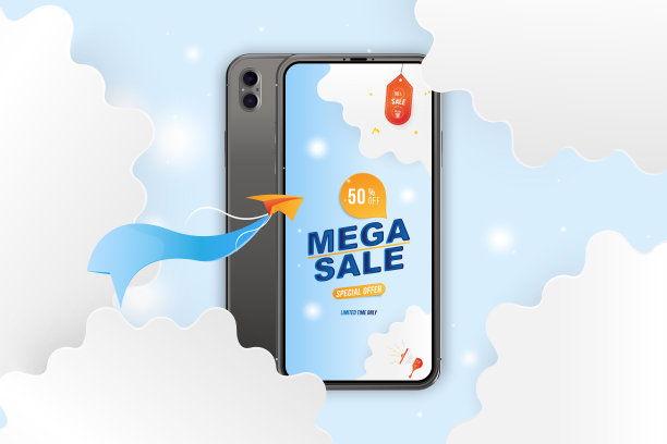 在模拟智能手机的横幅Mega Sale。特别优惠50与飞机的背景上的云彩剪纸。图片下载