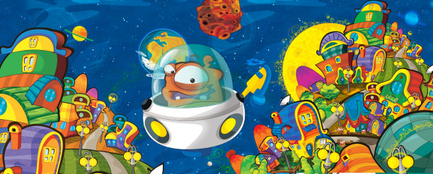 卡通场景与一些有趣的看起来外星人飞行在飞碟车辆附近的星球图片下载