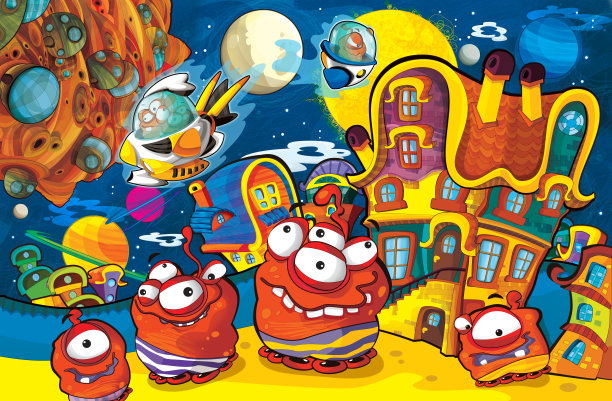 卡通场景与一些有趣的看起来外星人飞行在飞碟车辆附近的星球图片下载