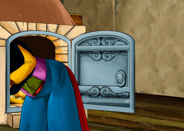 一个有火炉的老房子里的卡通场景，门开着，女人在里面做着什么图片下载