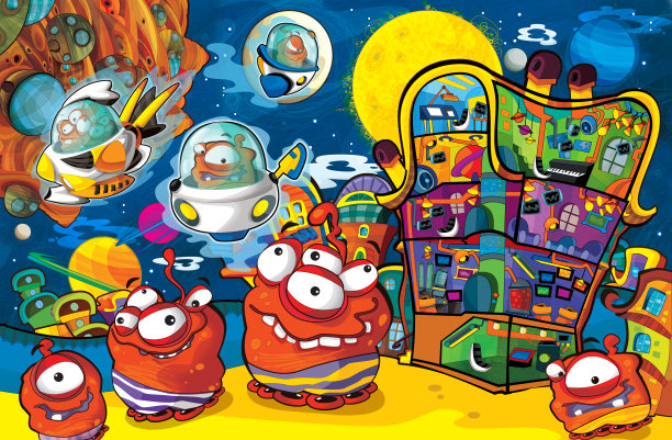 卡通场景与一些有趣的看起来外星人飞行在飞碟车辆附近的星球图片下载