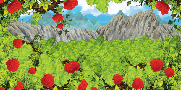 卡通场景与山山谷附近的森林图片下载