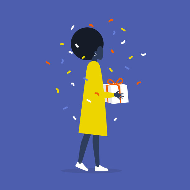 年轻的黑人女性角色拿着一个礼品盒。一个生日聚会。周年纪念日。庆祝。平面可编辑矢量插图，剪辑艺术图片下载