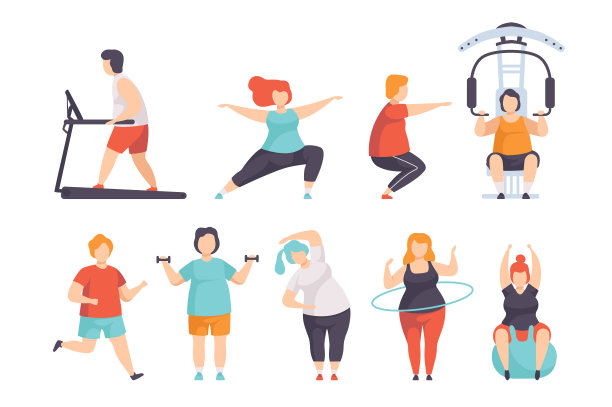肥胖者穿着运动服做健身运动套装，胖子男女做运动，减肥计划概念向量插画在白色背景上图片下载