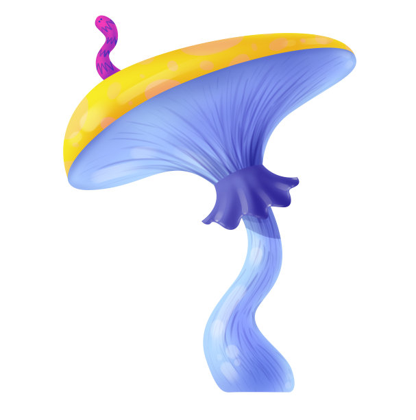 有毒的蘑菇。紫色的茎，黄色的帽子。蠕虫图片下载