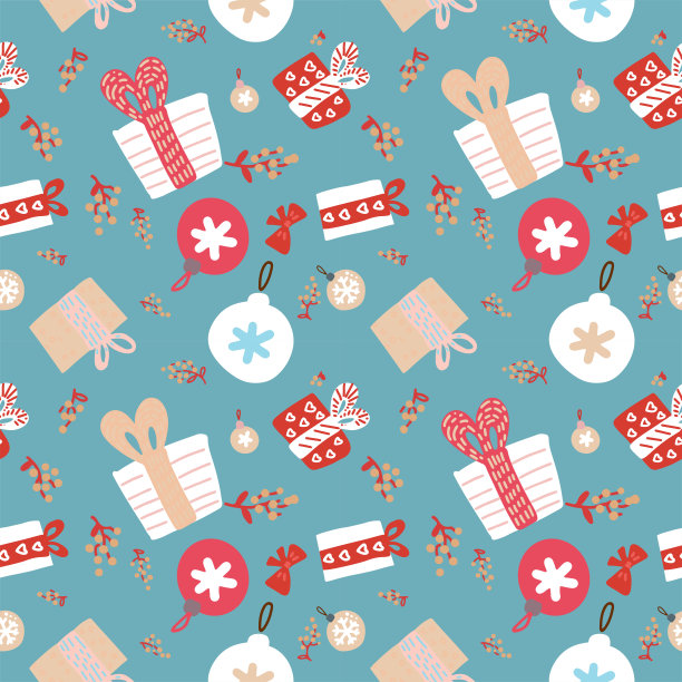 圣诞节无缝模式。现代彩色涂鸦背景装饰品，雪花，球，礼品盒，浆果。包装纸的图案。红、黄、蓝、白手绘插图。图片下载